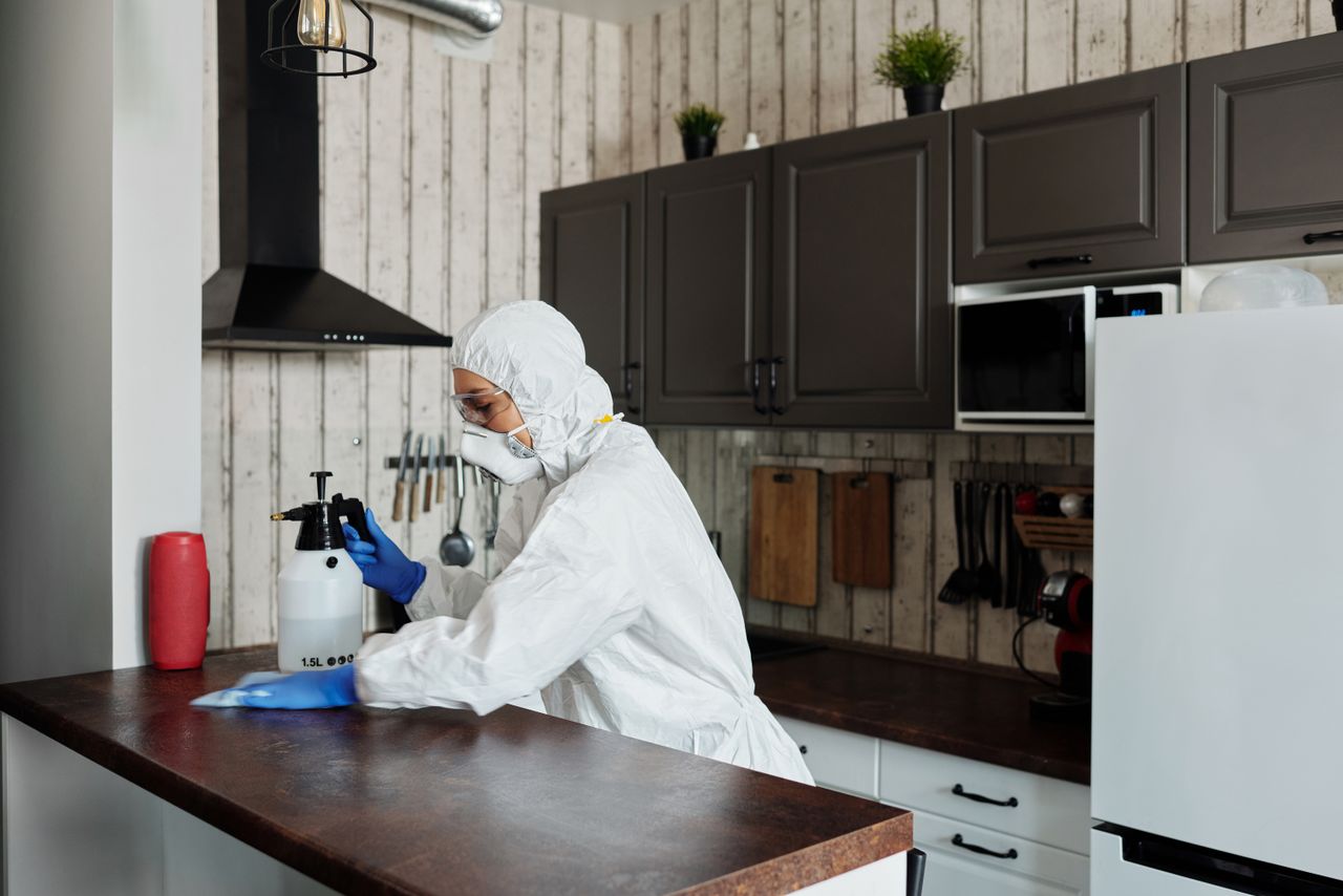 services-02 A worker in protective gear disinfects a kitchen, ensuring a clean and safe environment.